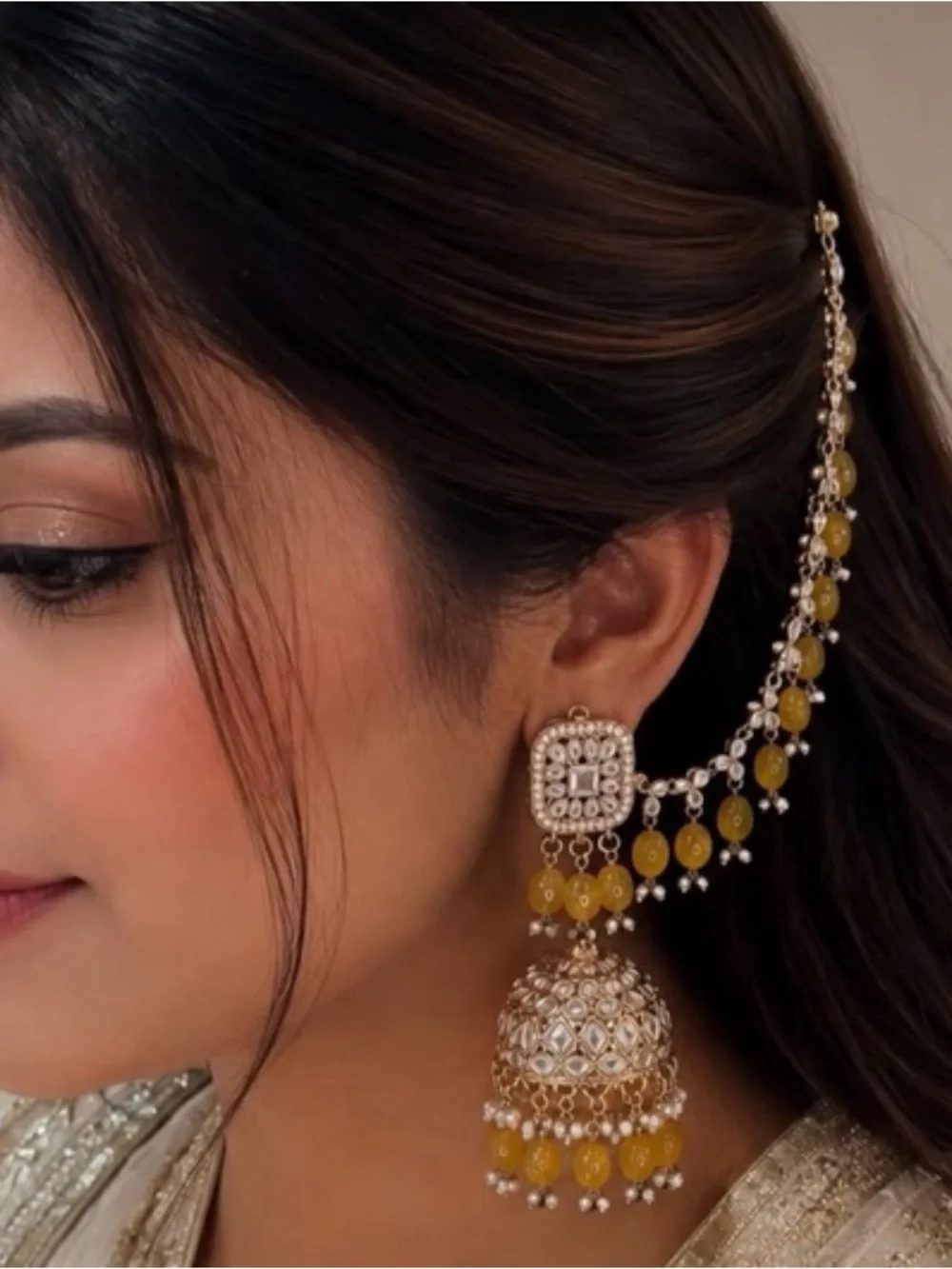 Elegant Women Jewelry Jhumka Earrings with Beaded Drops - Yellow & Pink